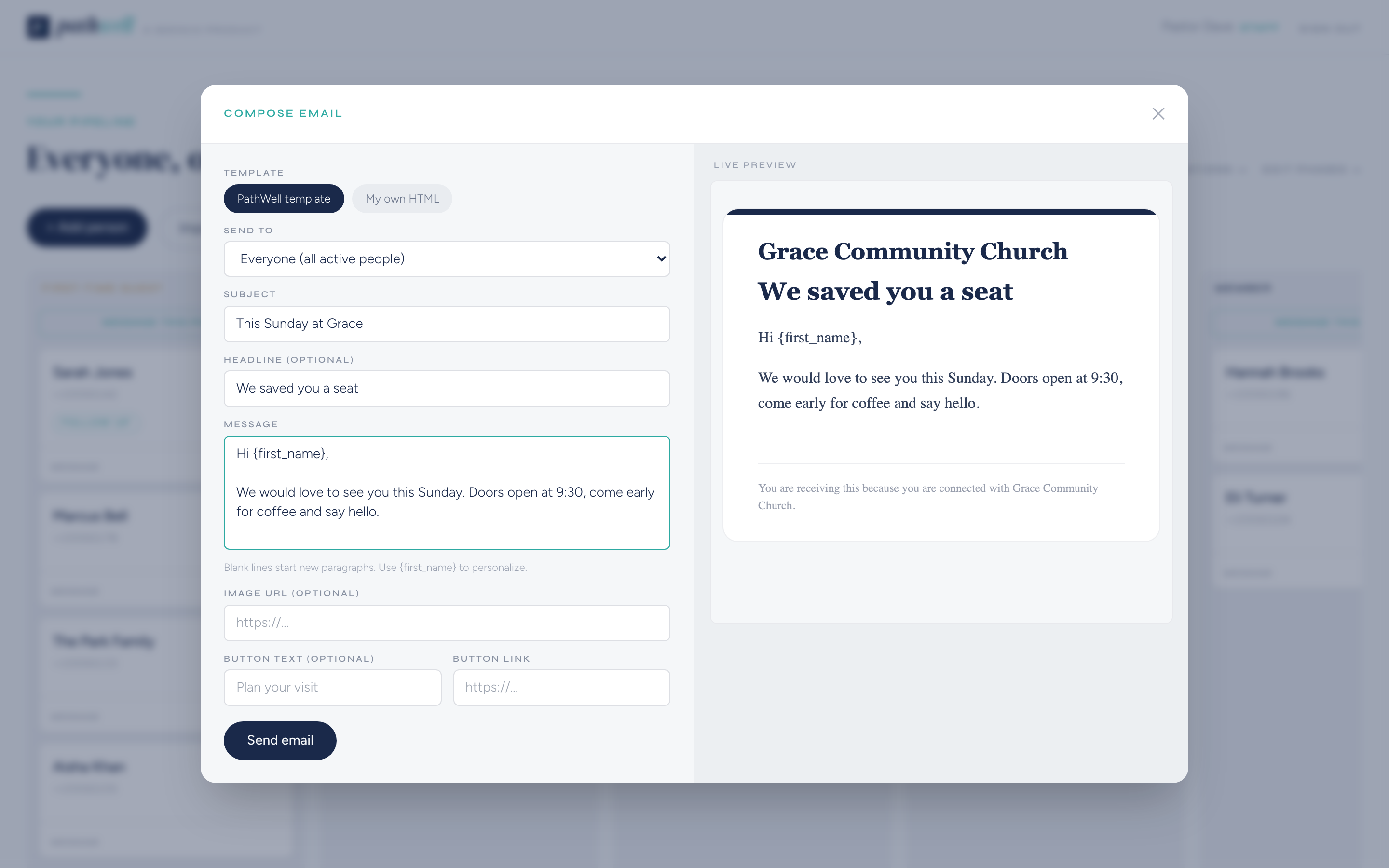 The PathWell email composer with live preview