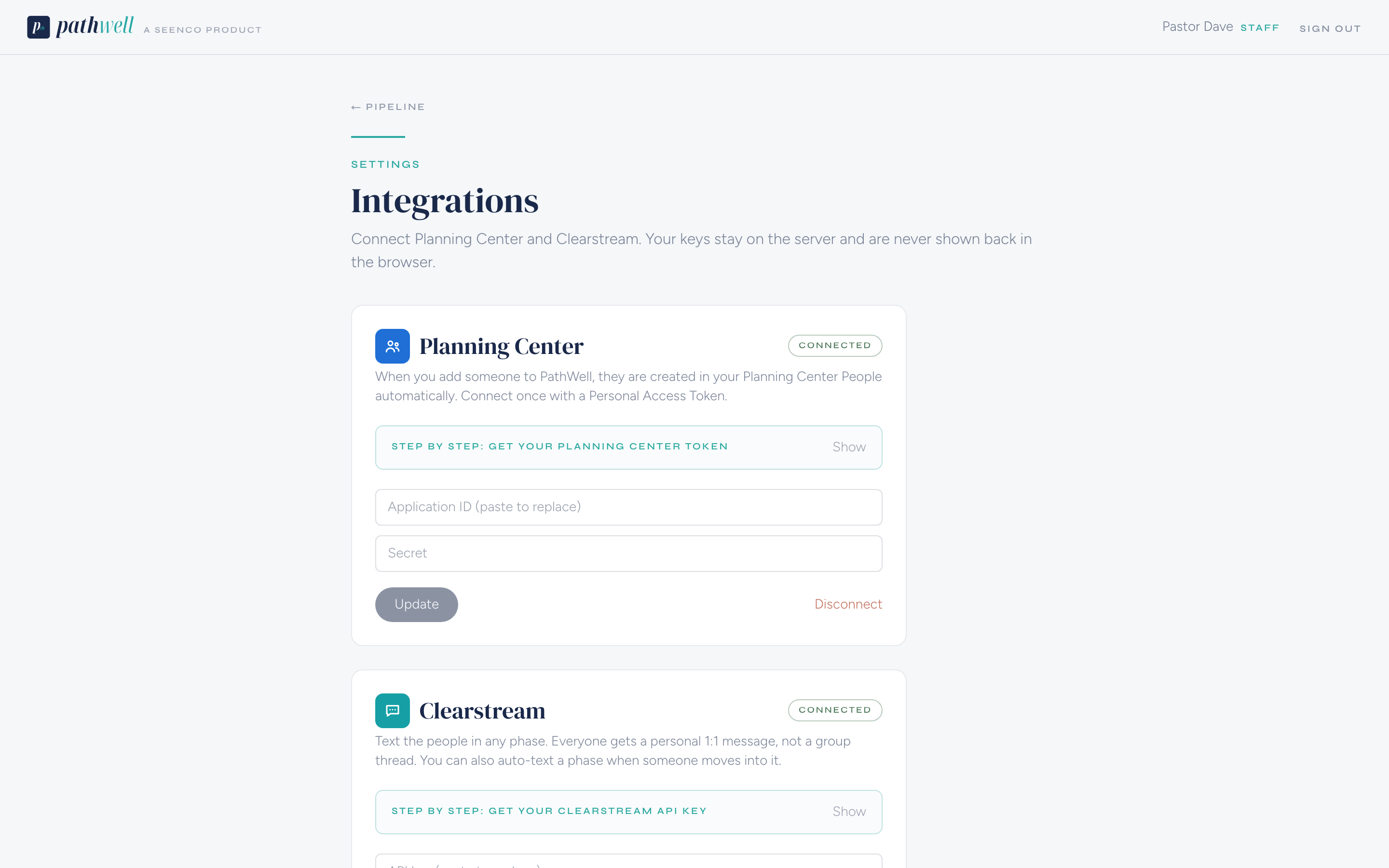 Integrations: Planning Center, Clearstream, Resend